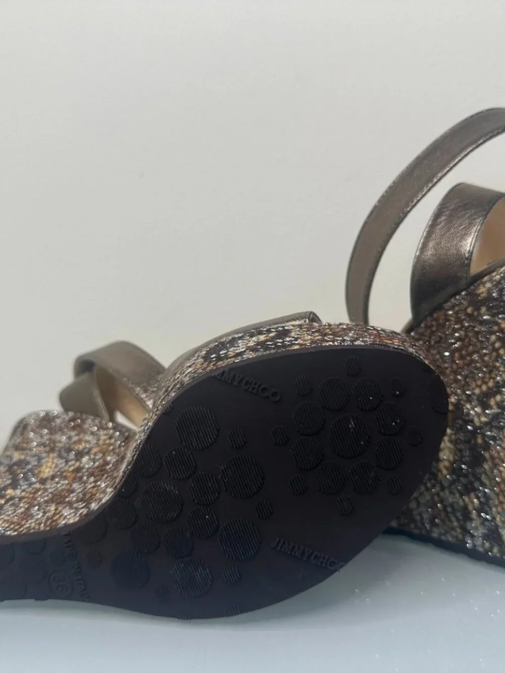 Jimmy Choo Pablo Gunmetal Leather Strap Wedge Heel Sandals - Picture 7 of 7